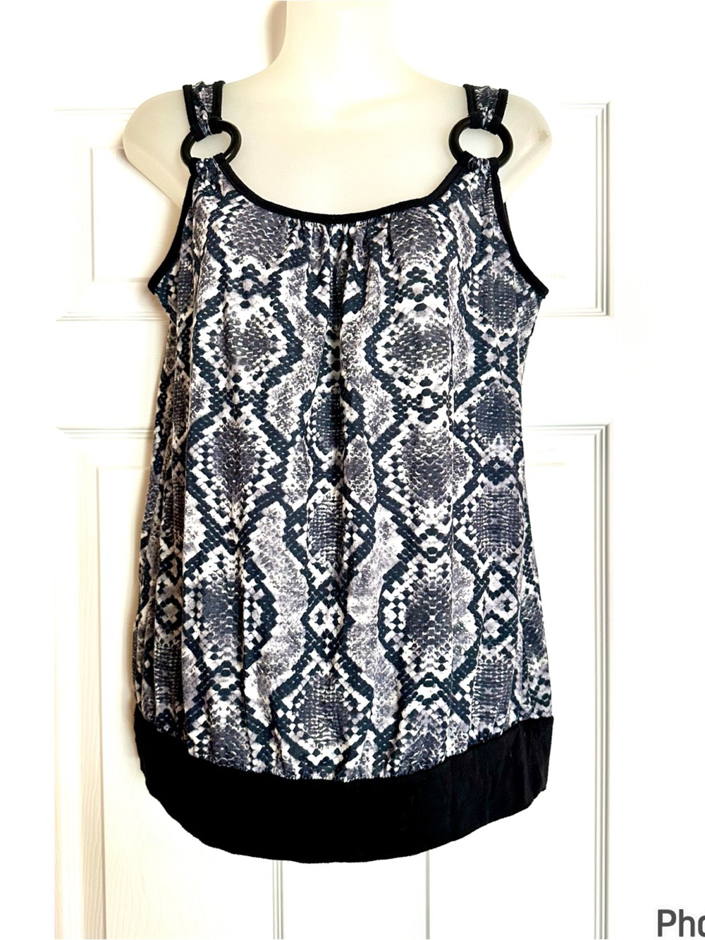 Rue 21 Black & White Snake Print Tank Top with Wooden Ring Straps